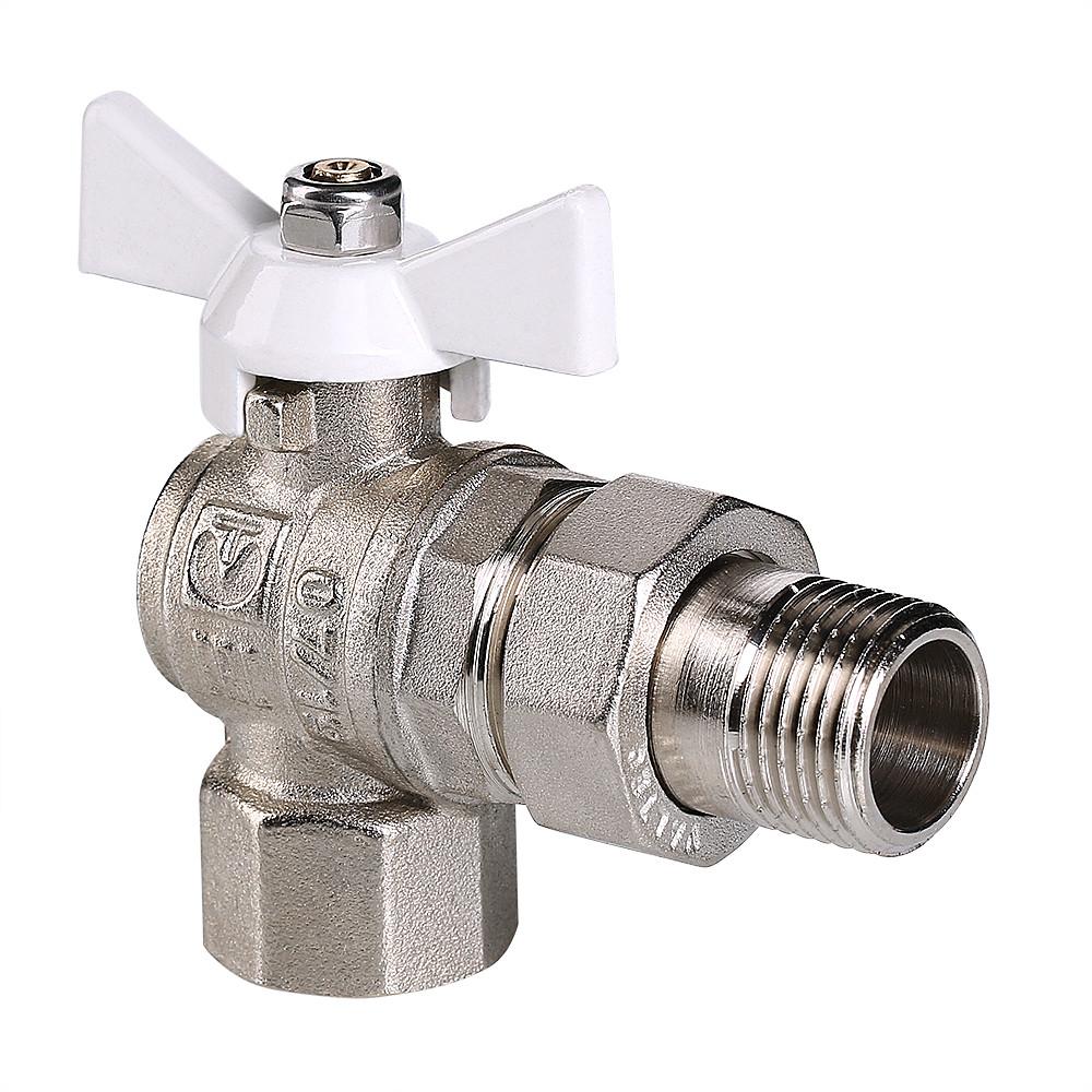 Кран VALTEC шар. BASE угловой с полусгоном 1/2" вн.-нар. белая рукоятка 8/96